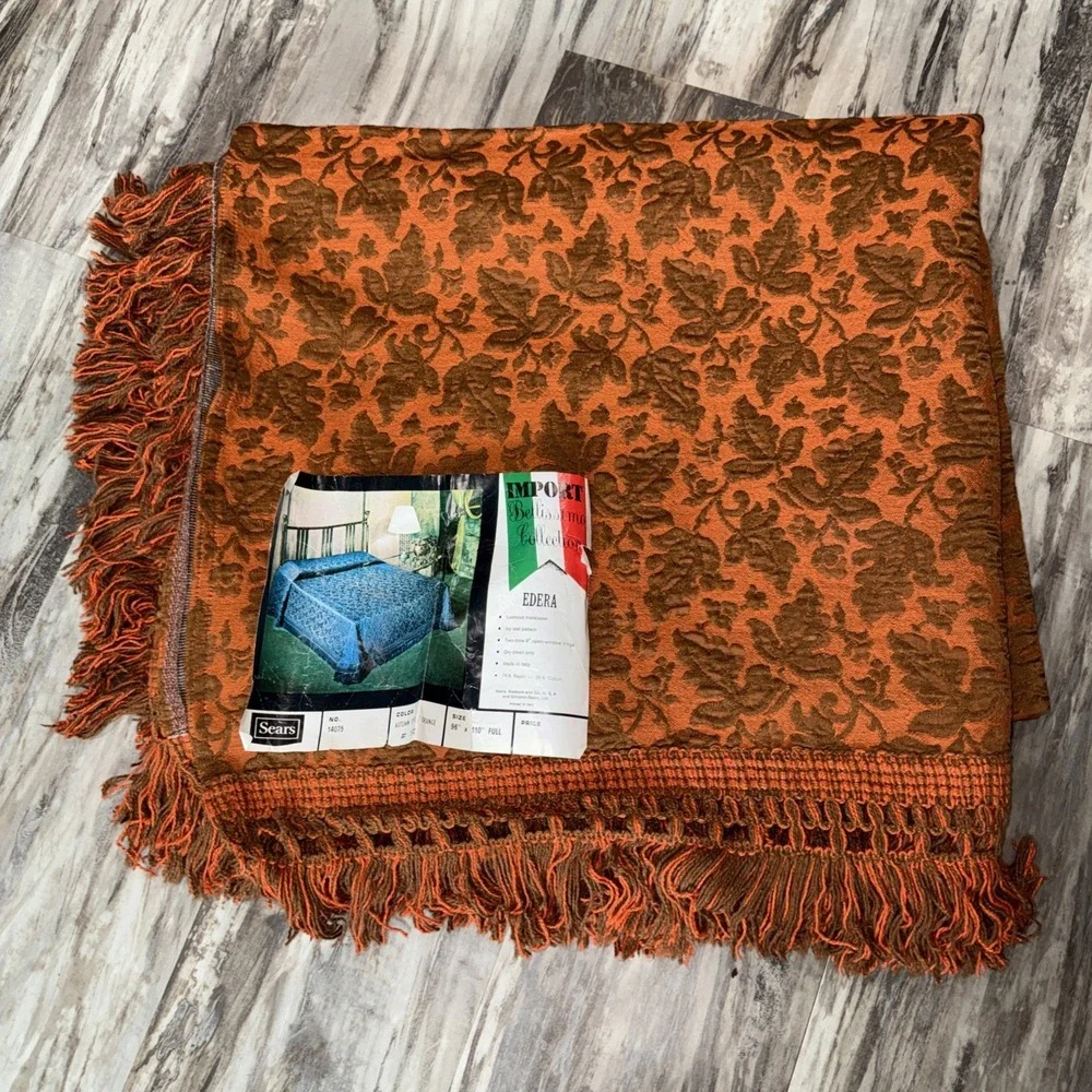 Vintage MCM Orange Brown Coverlet Bedspread Sears Bellissimo Italy Full Fringe